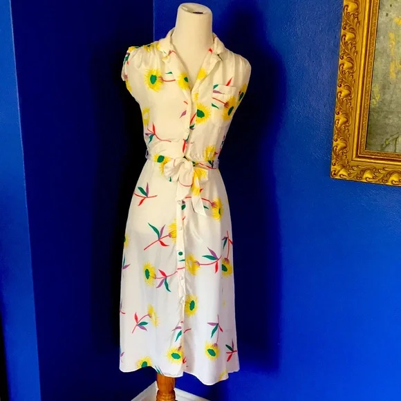 Vintage 70s-80s white floral summer day dress Hawaiian tropical flowers retro - Picture 1 of 14